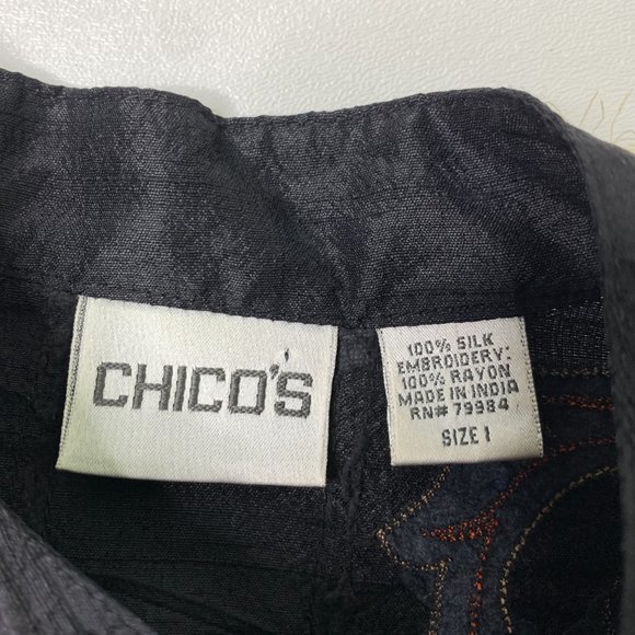 Chico's Silk Beaded Blouse - Size Medium (Chicos 1) - Black Embellished Floral - Picture 7 of 13